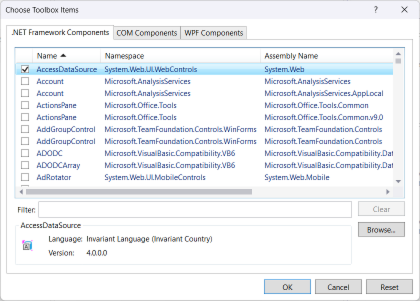 Choose Toolbox Items Dialog